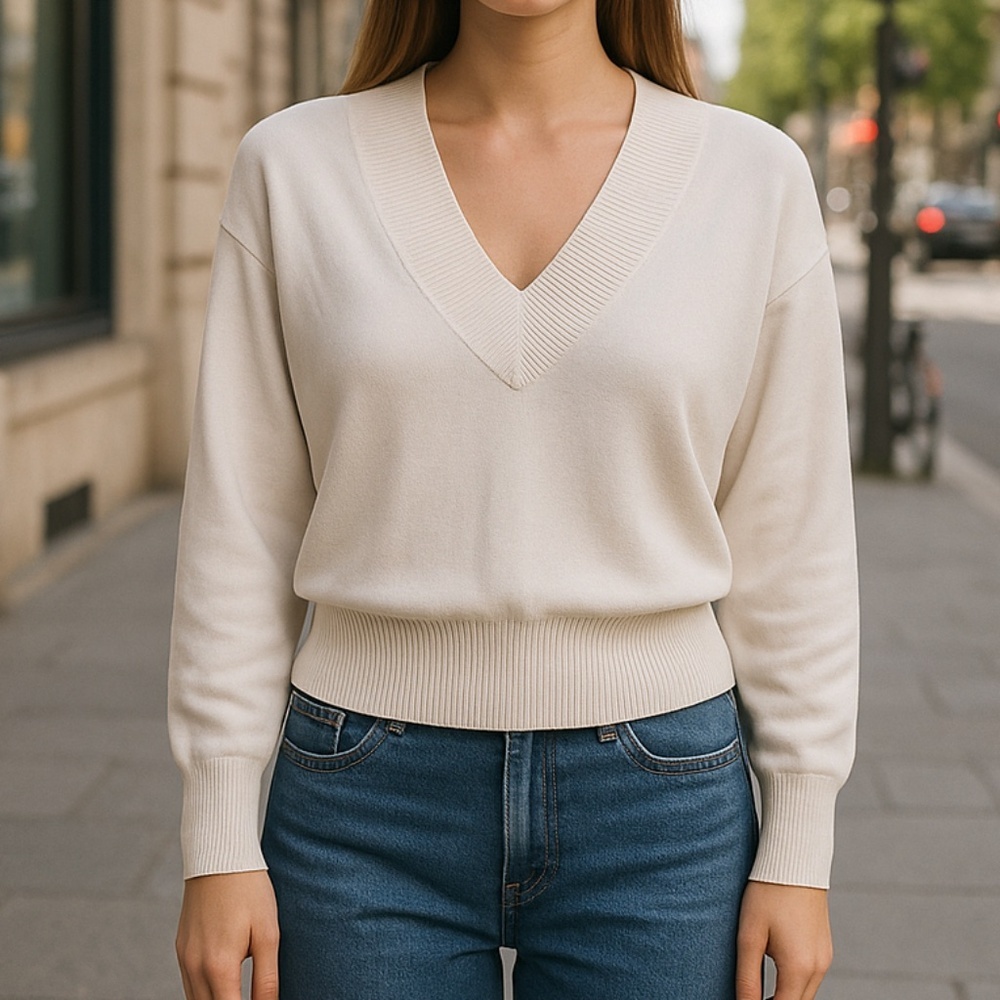 Relaxed Ivory Ribbed Trim Deep V-Neck Minimalist Sweater‎ Size S